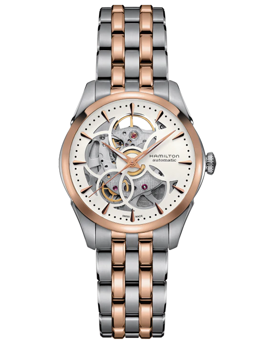 Hamilton Hamilton Jazzmaster Skeleton Lady Auto H32425251  H32425251 механические женские часы белый циферблат, браслет нержавеющая сталь — вид спереди