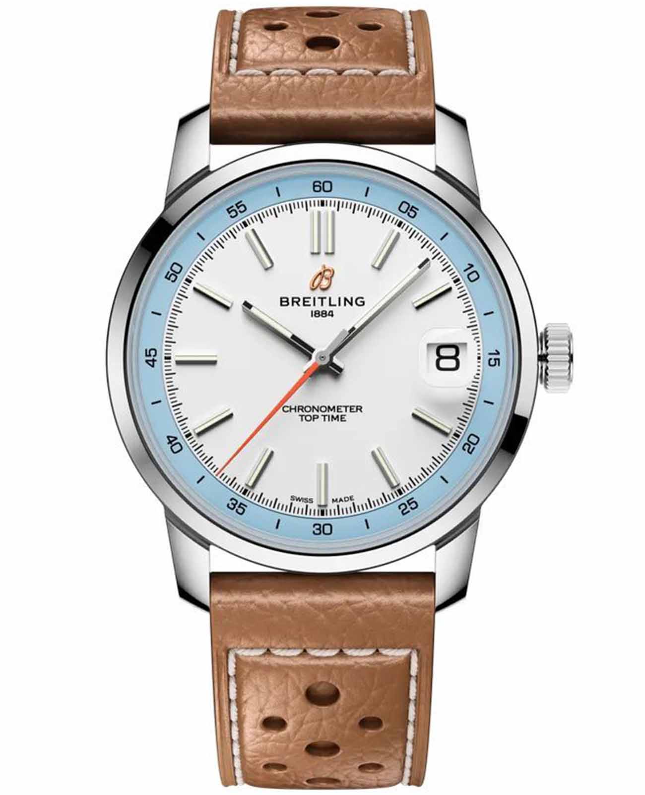 Breitling Breitling Top Time B31 AB3113281A1X1  AB3113281A1X1 механические мужские часы белый циферблат, браслет кожаный — вид спереди