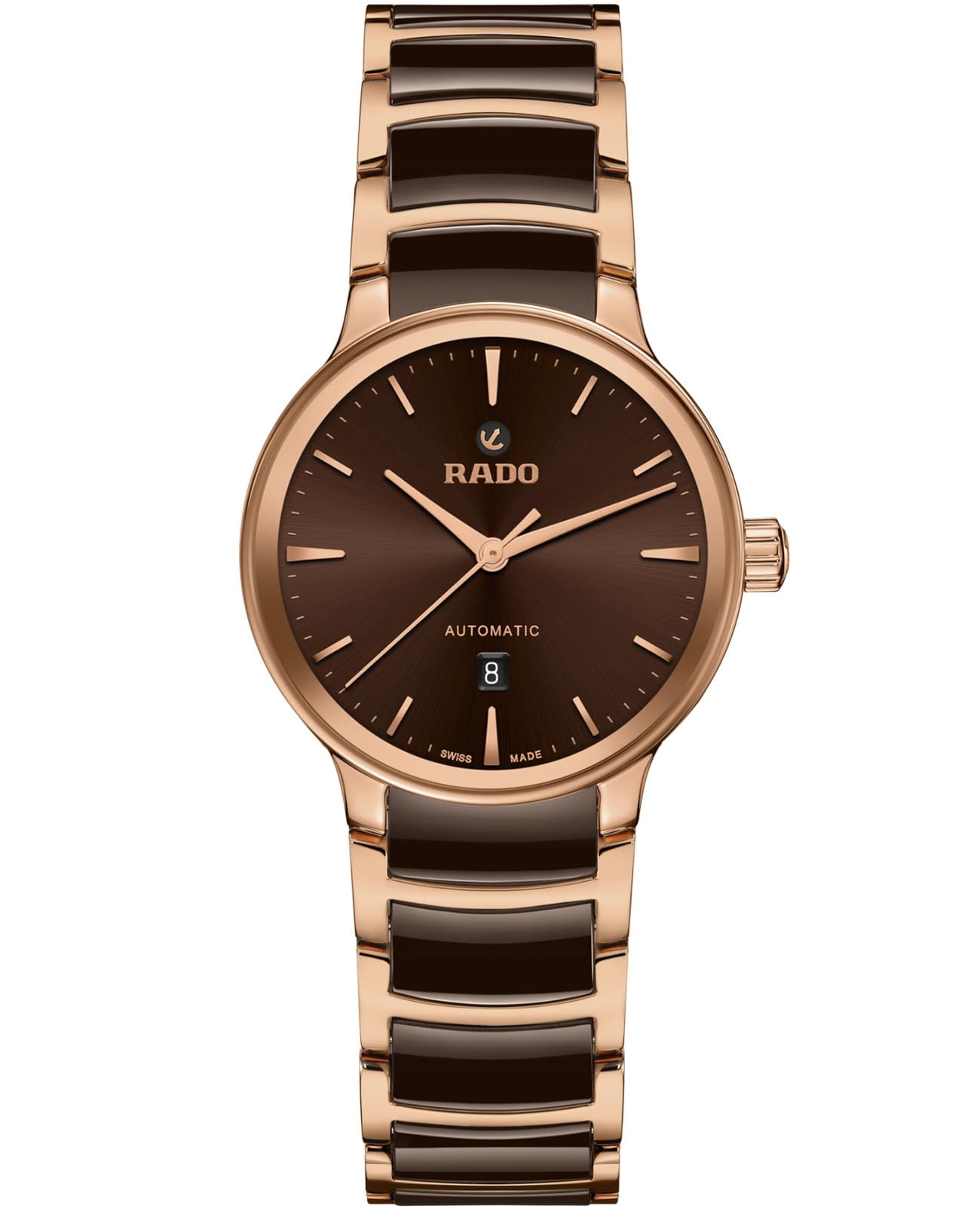 Rado Rado Centrix Automatic R30019302 Automatic R30019302 механические женские часы коричневый циферблат, браслет высокотехнологичная керамика + нержавеющая сталь с pvd покрытием — вид спереди