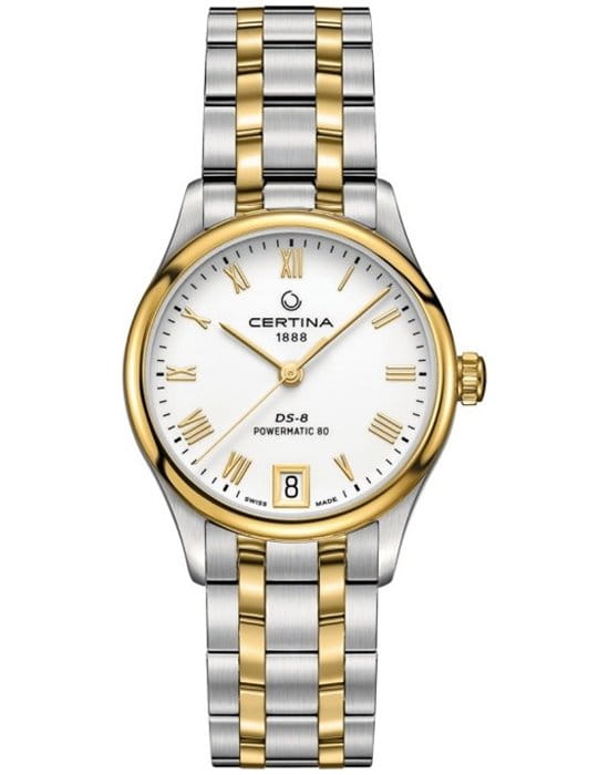 Certina Certina DS-8 Lady Powermatic 80  C033.207.22.013.00 DS 8 C0332072201300 механические женские часы белый циферблат, браслет 18-каратное желтое золото — вид спереди