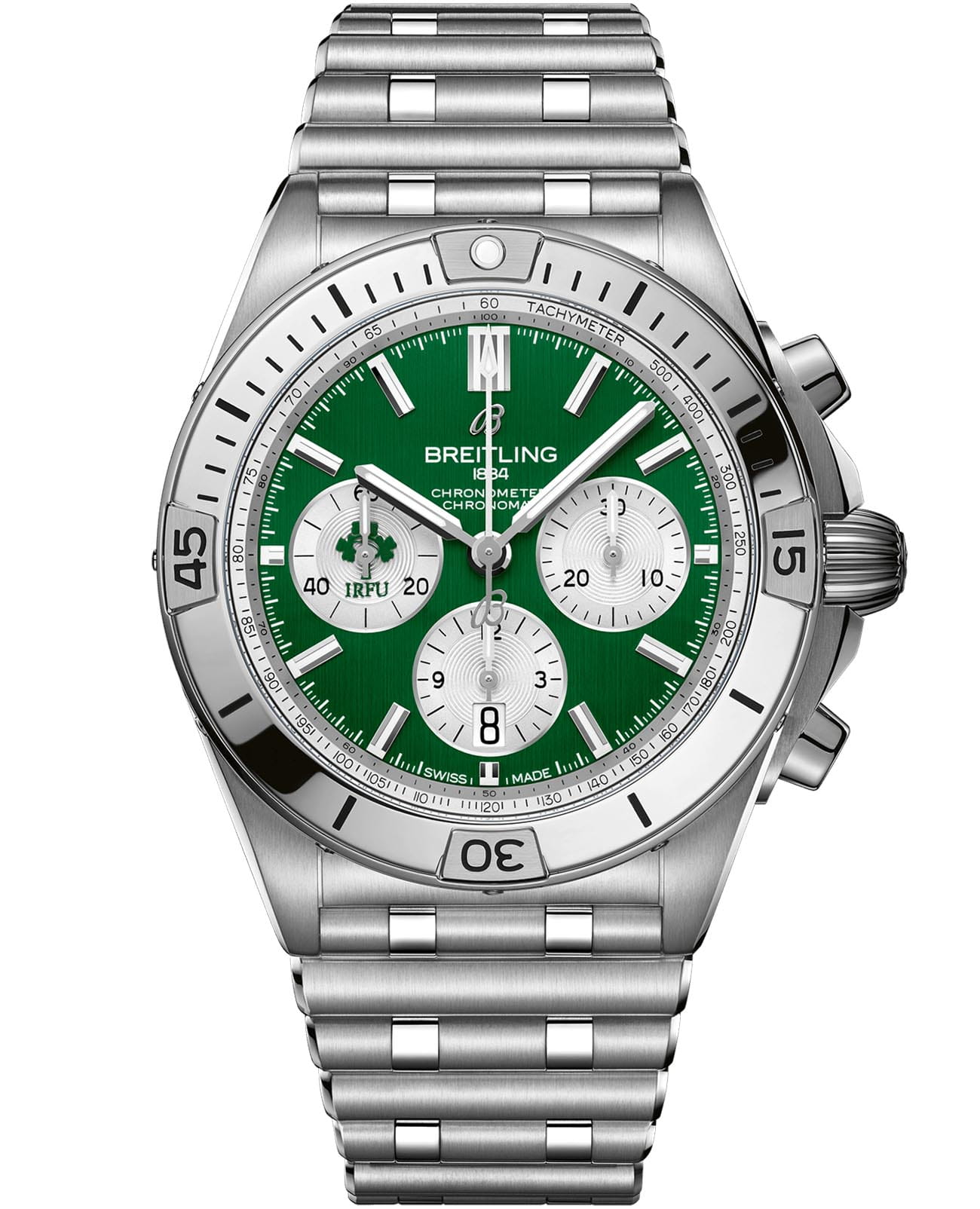 Breitling Breitling Chronomat B01 42 Six Nations Ireland AB0134A91L1A1  AB0134A91L1A1 механические мужские часы зеленый циферблат, браслет нержавеющая сталь — вид спереди