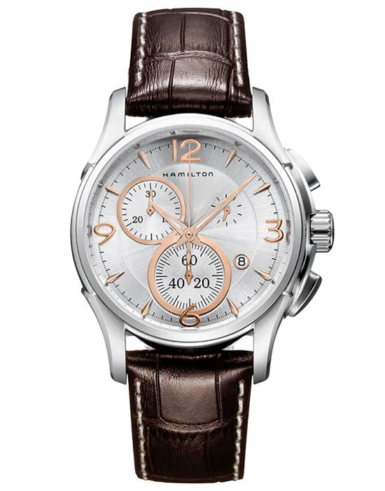 Hamilton Hamilton Jazzmaster Chrono Quartz H32612555  H32612555 кварцевые мужские часы серебристый циферблат, браслет кожаный — вид спереди
