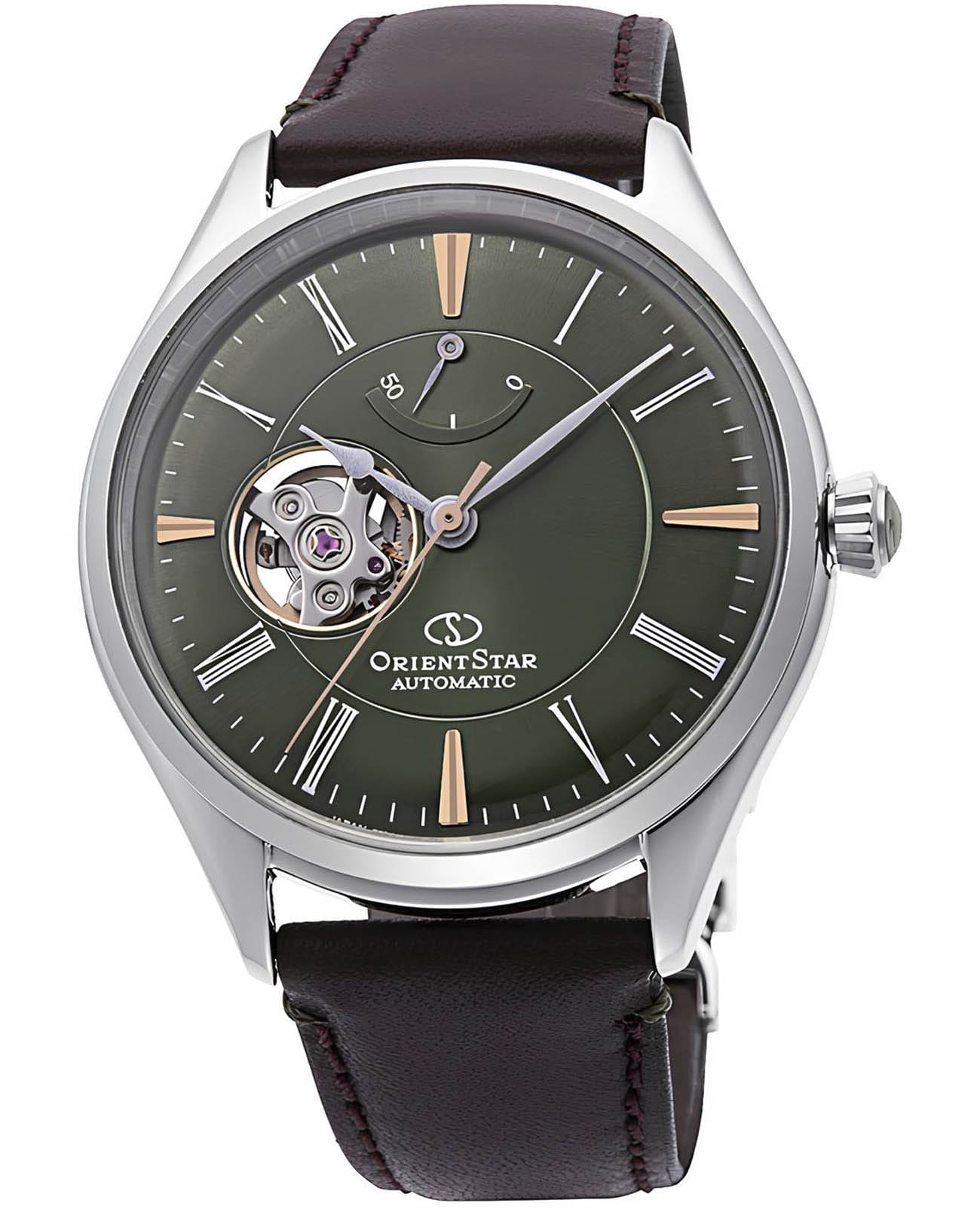 Orient Orient Star RE-AT0202E (RK-AT0202E)  RE-AT0202E механические мужские часы зеленый циферблат, браслет кожаный — вид спереди