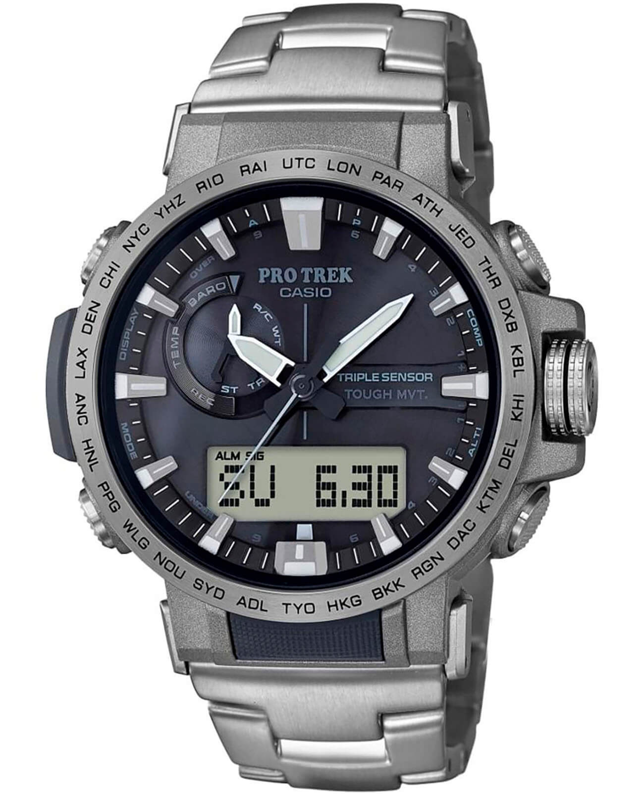 Casio Casio Pro Trek PRW-60T-7A PRW PRW-60T-7AER кварцевые мужские часы черный циферблат, браслет титановый — вид спереди