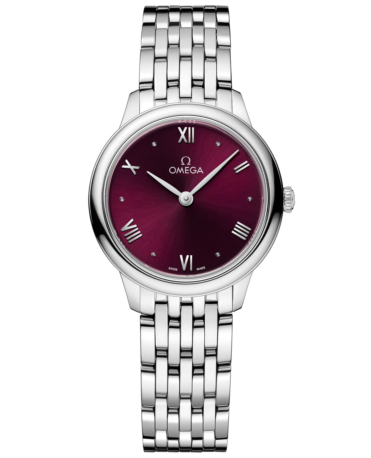 Omega Omega De Ville Prestige 434.10.28.60.11.001  Prestige 43410286011001 кварцевые женские часы красный циферблат, браслет нержавеющая сталь — вид спереди