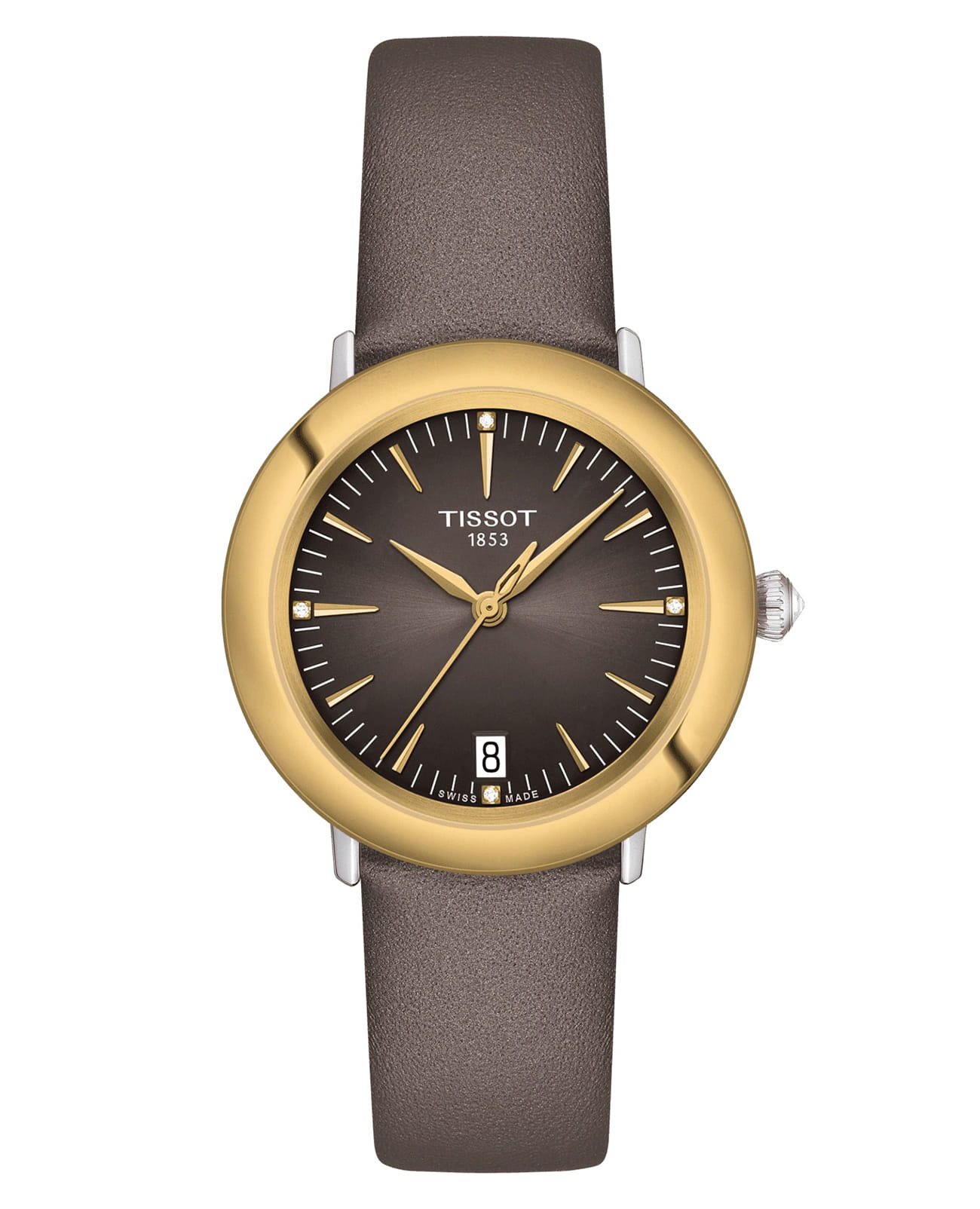 Tissot Tissot T-Gold Glendora 18K Gold T929.210.46.066.00  T9292104606600 кварцевые женские часы коричневый циферблат, браслет кожаный — вид спереди