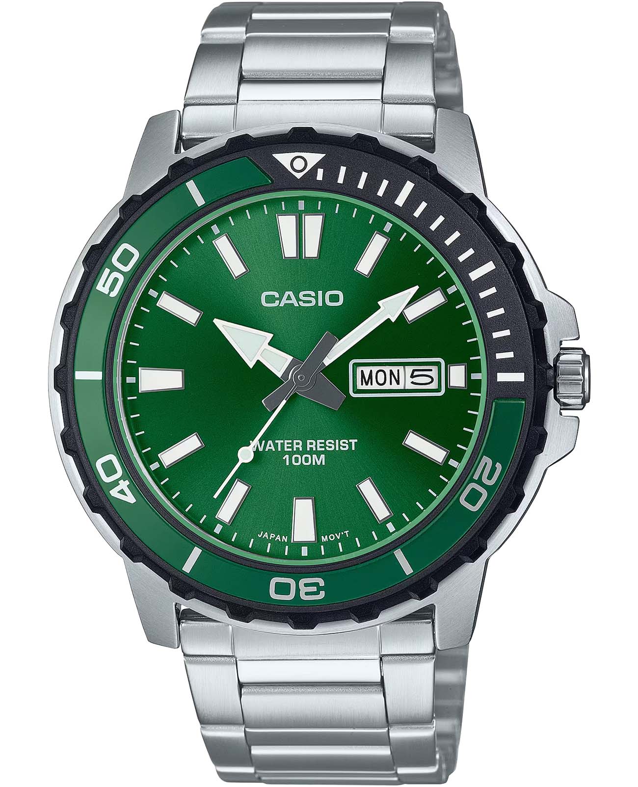 Casio Casio Collection MTD-125D-3AVDF (MTD-125D-3A)  MTD-125D-3A кварцевые мужские часы зеленый циферблат, браслет нержавеющая сталь — вид спереди