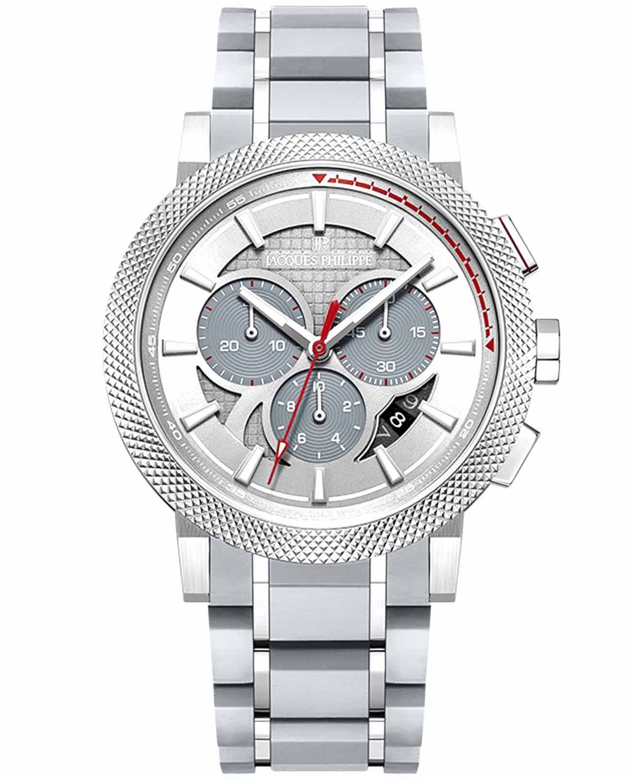 Jacques Philippe Jacques Philippe Corus JPQGC371347  JPQGC371347 кварцевые мужские часы серебристый циферблат, браслет сталь + силикон — вид спереди