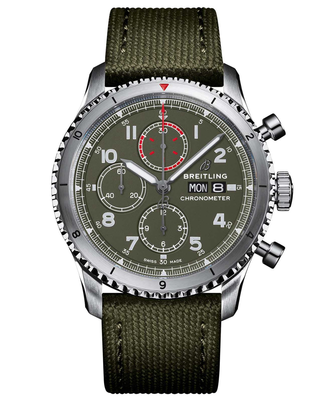 Breitling Breitling Aviator 8 Chronograph 43 Curtiss Warhawk A133161A1L1X1  A133161A1L1X1 механические мужские часы зеленый циферблат, браслет кожаный — вид спереди