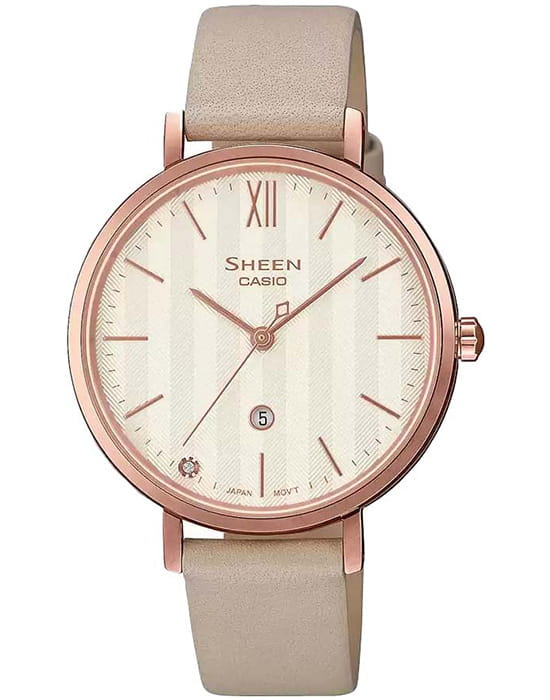 Casio Casio Sheen SHE-4539CGL-7AUDF  SHE-4539CGL-7A кварцевые женские часы  циферблат, браслет кожаный — вид спереди