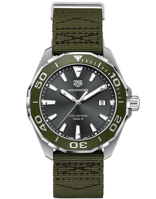 TAG Heuer TAG Heuer Aquaracer WAY101L.FC8222  WAY101L.FC8222 кварцевые мужские часы зеленый циферблат, браслет тканевый — вид спереди