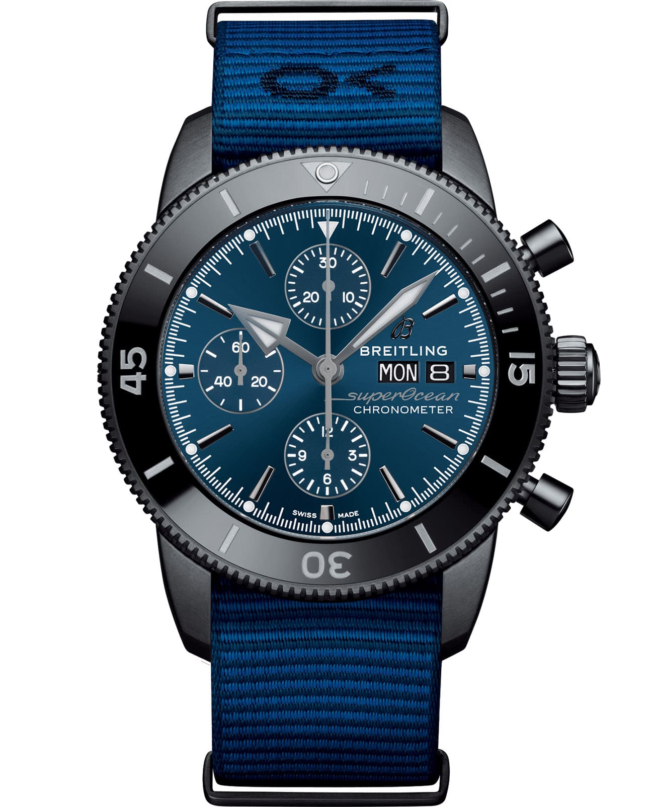 Breitling Breitling Superocean Heritage Chronograph 44 Outerknown M133132A1C1W1  M133132A1C1W1 механические мужские часы синий циферблат, браслет тканевый — вид спереди