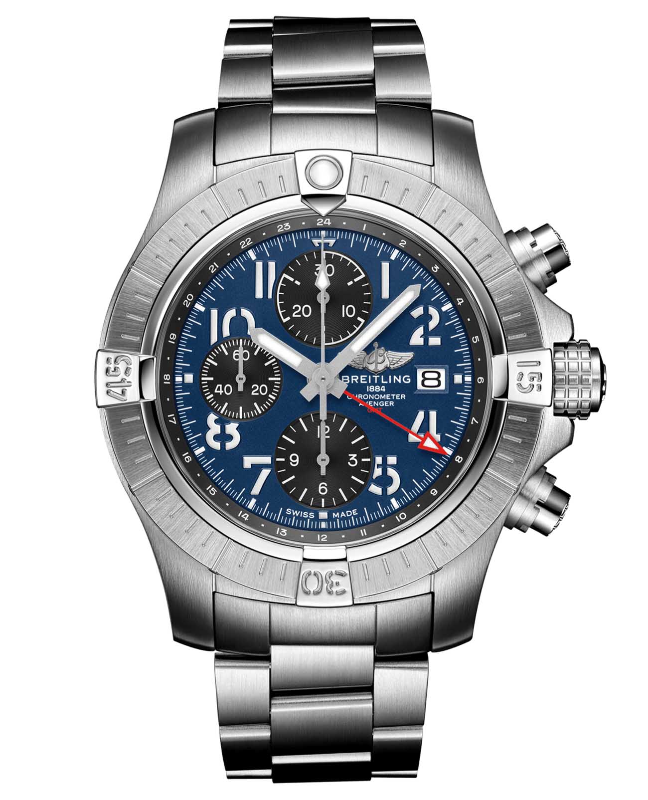 Breitling Breitling Avenger Chronograph GMT 45 A24315101C1A1  A24315101C1A1 механические мужские часы синий циферблат, браслет нержавеющая сталь — вид спереди