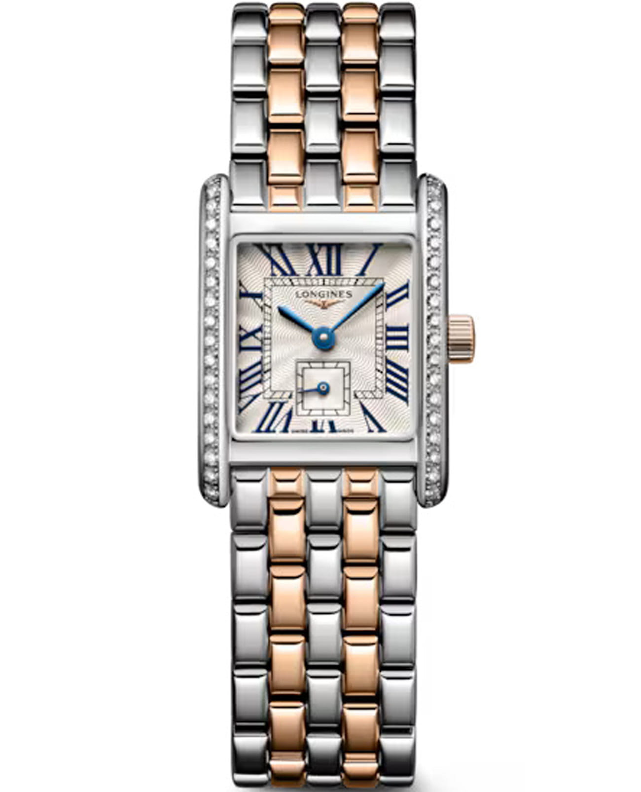 Longines Longines DolceVita  L5.200.5.79.7  L52005797 кварцевые женские часы белый циферблат, браслет нержавеющая сталь и 18 каратное розовое золото — вид спереди