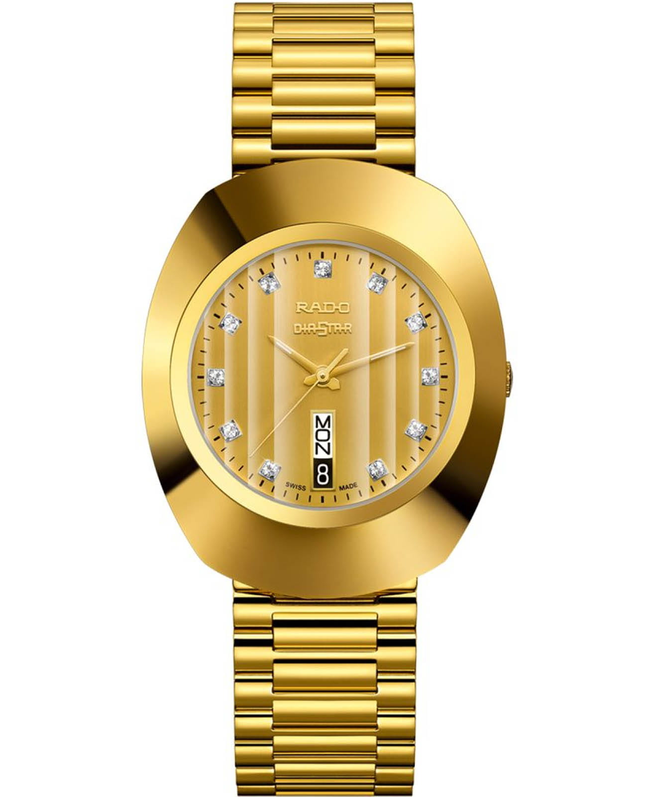 Rado Rado The Original R12304303  R12304303 кварцевые мужские часы золотой циферблат, браслет нержавеющая сталь с pvd-покрытием — вид спереди