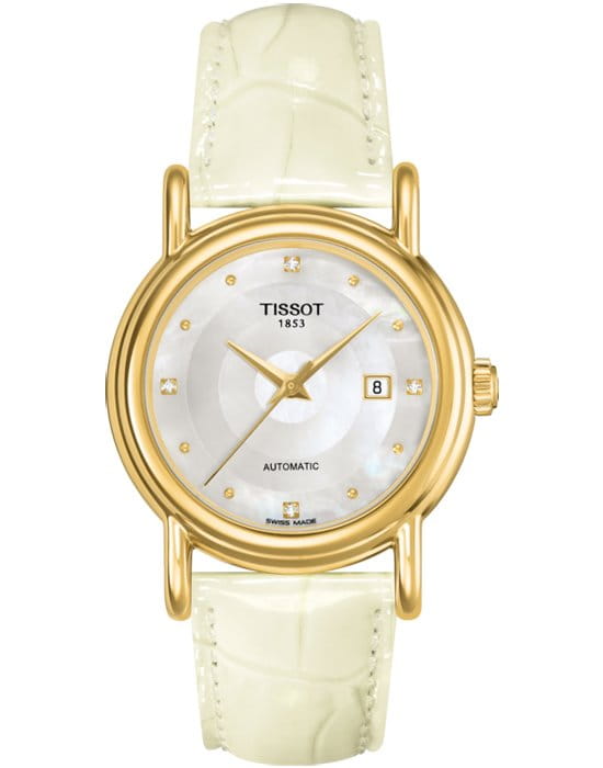 Tissot Tissot Carson Automatic Lady 18K Gold T907.007.16.106.01 Carson T9070071610601 механические женские часы белый циферблат, браслет кожаный — вид спереди