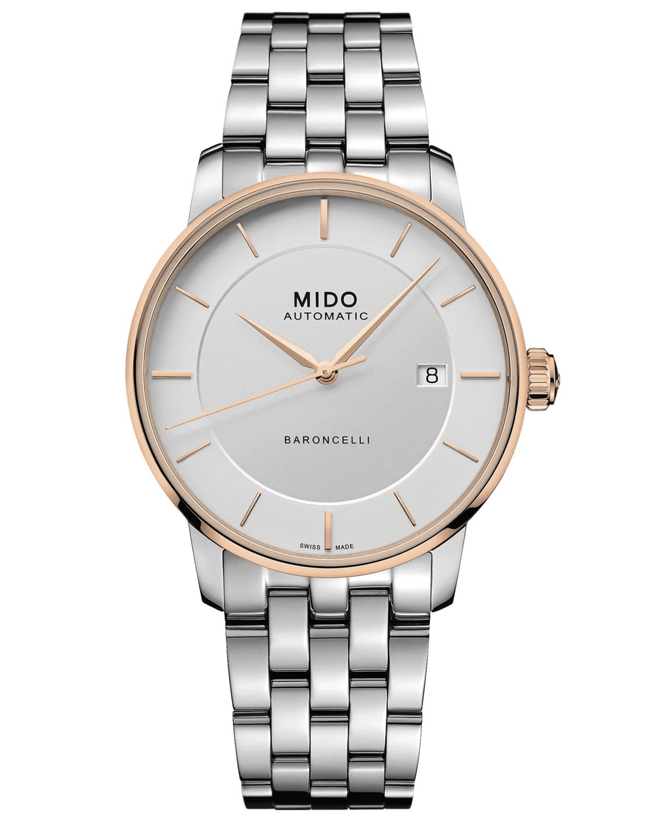 Mido Mido Baroncelli Signature Gent M037.407.21.031.00  M0374072103100 механические мужские часы белый циферблат, браслет нержавеющая сталь — вид спереди