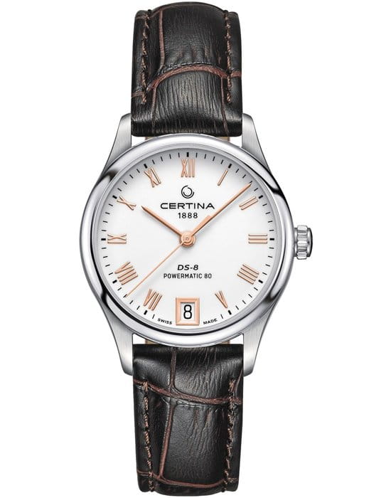 Certina Certina DS-8 Lady Powermatic 80 C033.207.16.013.00 DS 8 C0332071601300 механические женские часы белый циферблат, браслет кожаный — вид спереди
