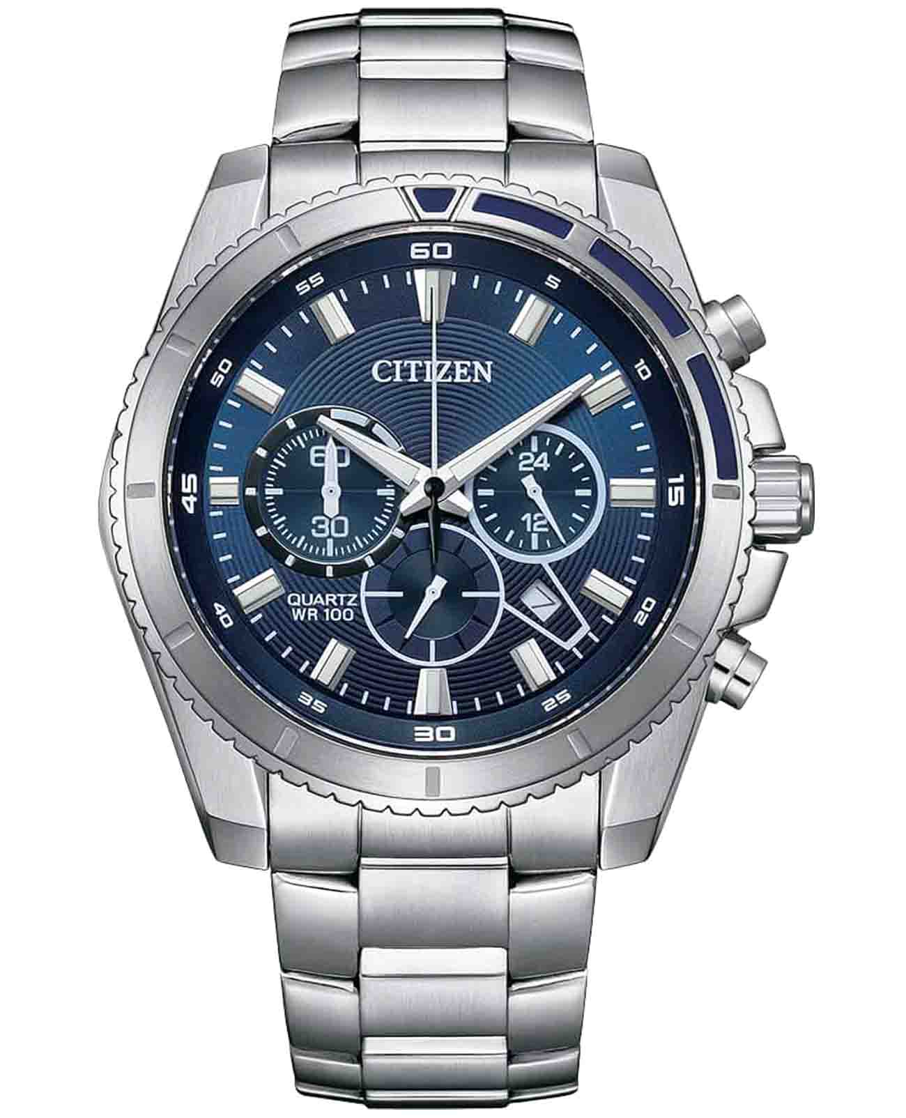 Citizen Citizen Chronograph AN8201-57L  AN8201-57L кварцевые мужские часы синий циферблат, браслет нержавеющая сталь — вид спереди