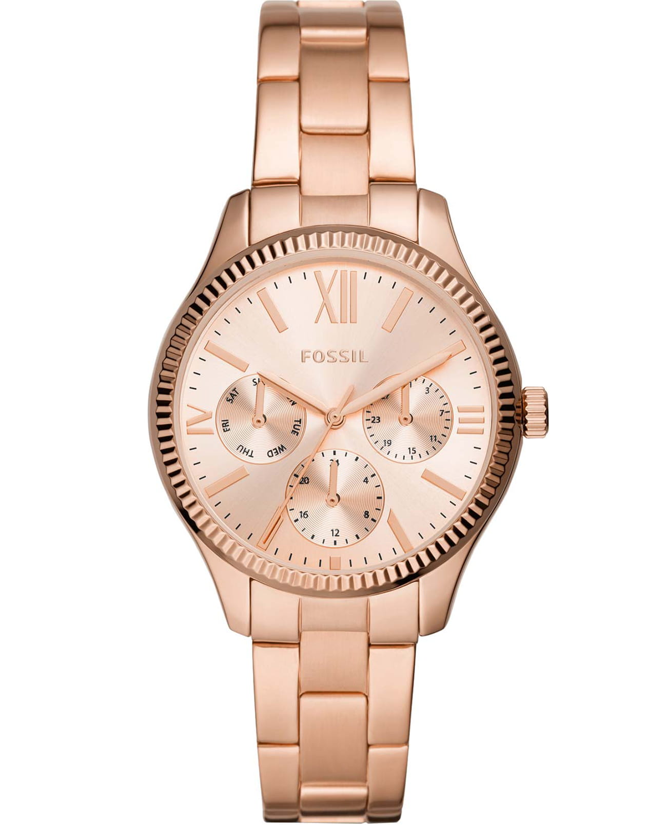 Fossil Fossil FB-01  BQ3691  BQ3691 кварцевые женские часы золотой циферблат, браслет нержавеющая сталь — вид спереди
