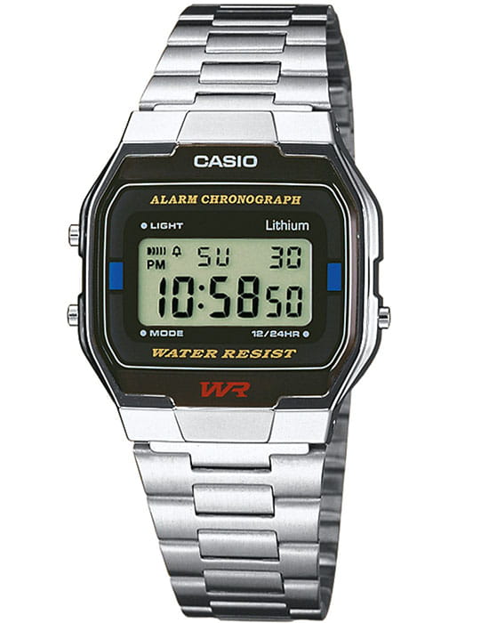 Casio Casio A-163WA-1  A-163WA-1 кварцевые мужские часы черный циферблат, браслет нержавеющая сталь — вид спереди