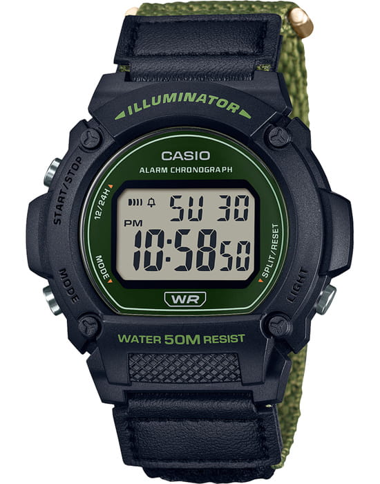 Casio Casio Collection W-219HB-3AVDF (W-219HB-3A)  W-219HB-3AVDF кварцевые мужские часы зеленый циферблат, браслет тканевый — вид спереди