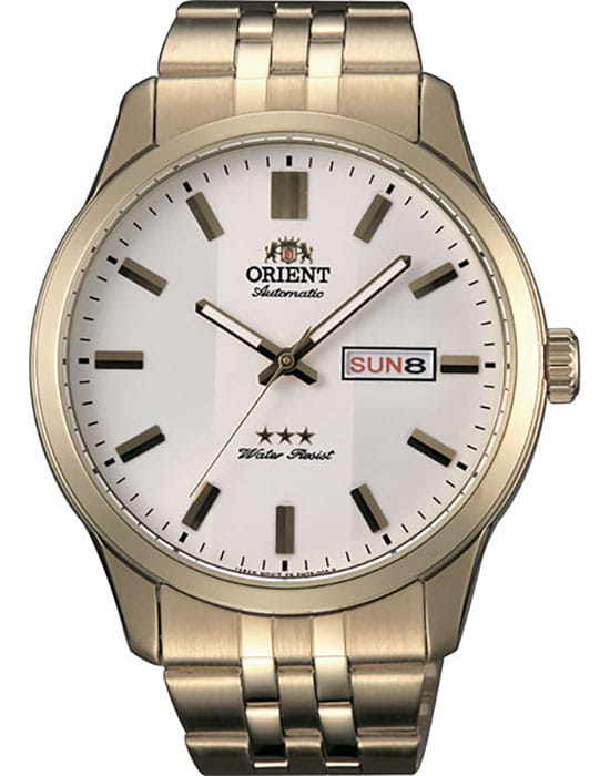 Orient Orient 3 Stars RA-AB0010S (RN-AB0010S)  RA-AB0010S механические мужские часы белый циферблат, браслет сталь c pvd покрытием — вид спереди
