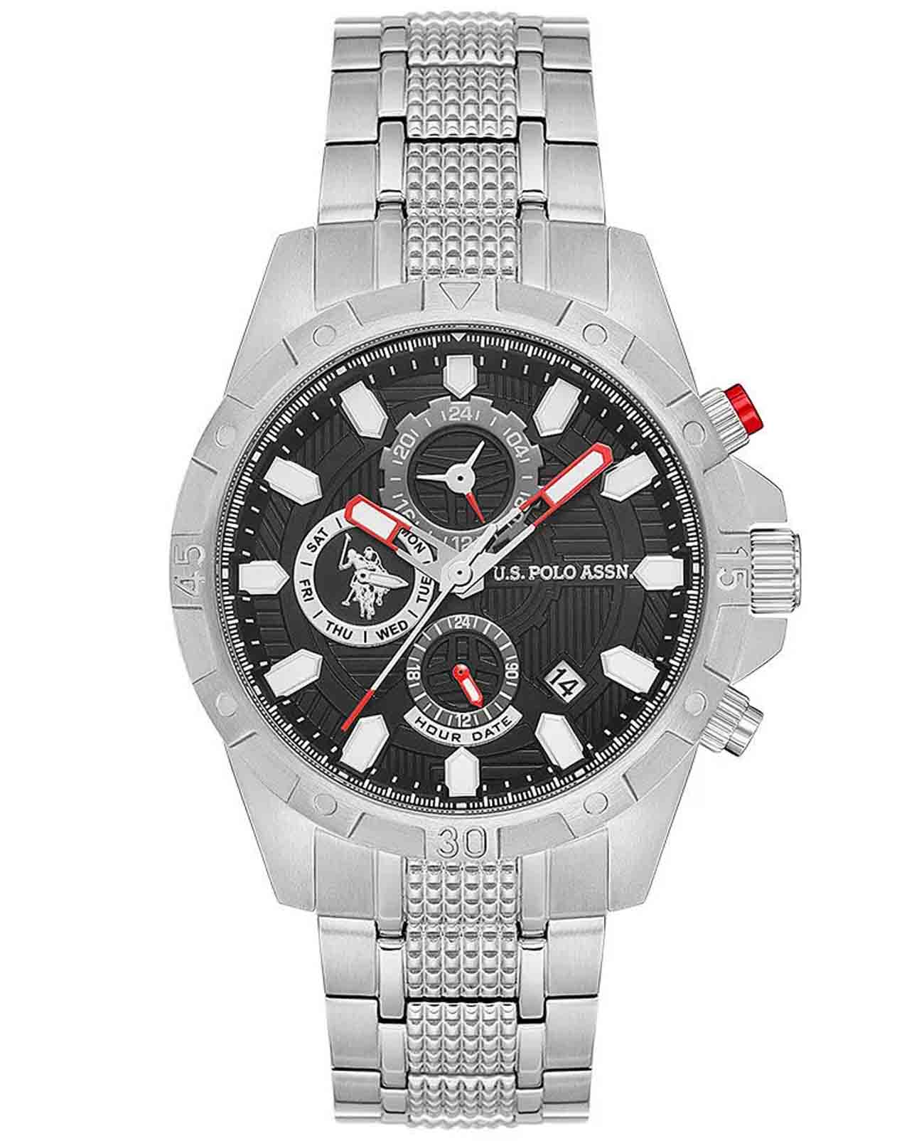U.S. Polo Assn. U.S. Polo Assn. USPA1077-01  USPA1077-01 кварцевые мужские часы черный циферблат, браслет нержавеющая сталь — вид спереди