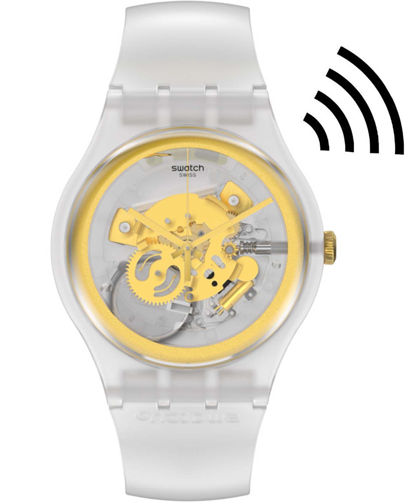 Swatch Swatch New Gent Swatch Pay! SVIZ102-5300  SVIZ102-5300 кварцевые мужские часы прозрачный циферблат, браслет силикон — вид спереди