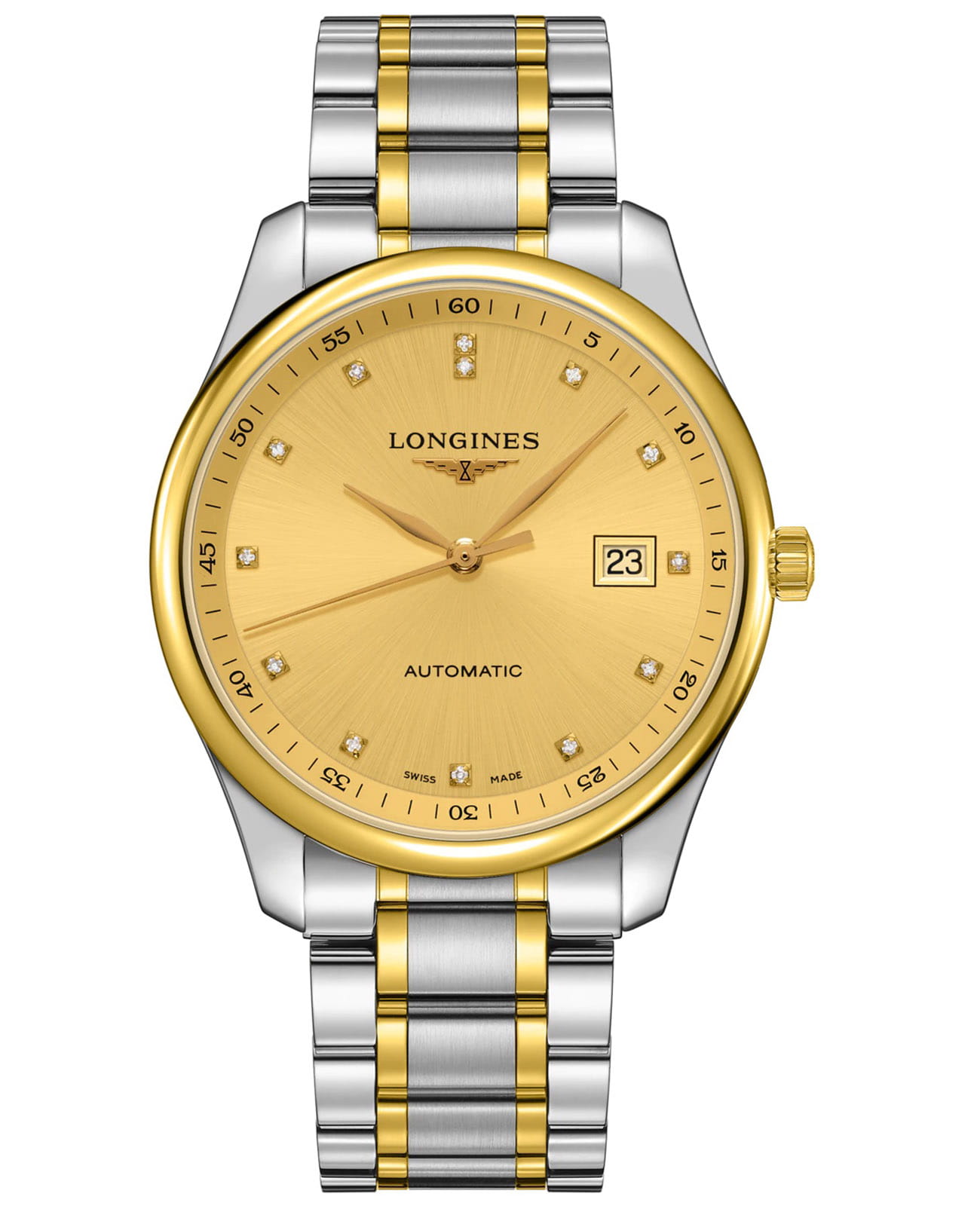 Longines Longines Master Collection L2.893.5.37.7  L28935377 механические мужские часы золотой циферблат, браслет нержавеющая сталь + золото 18к — вид спереди