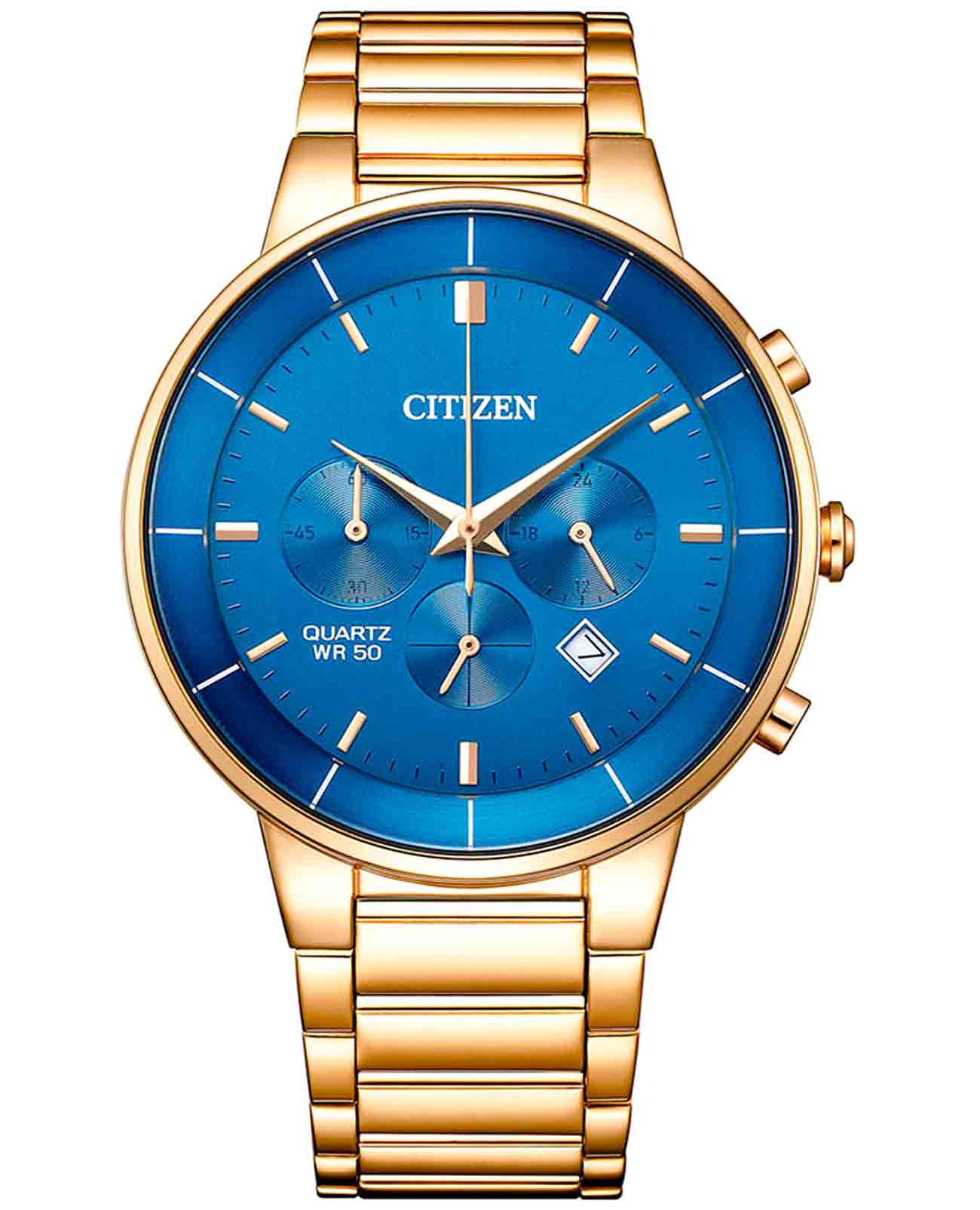 Citizen Citizen Chronograph AN8223-54L  AN8223-54L кварцевые мужские часы синий циферблат, браслет нержавеющая сталь с ip-покрытием — вид спереди