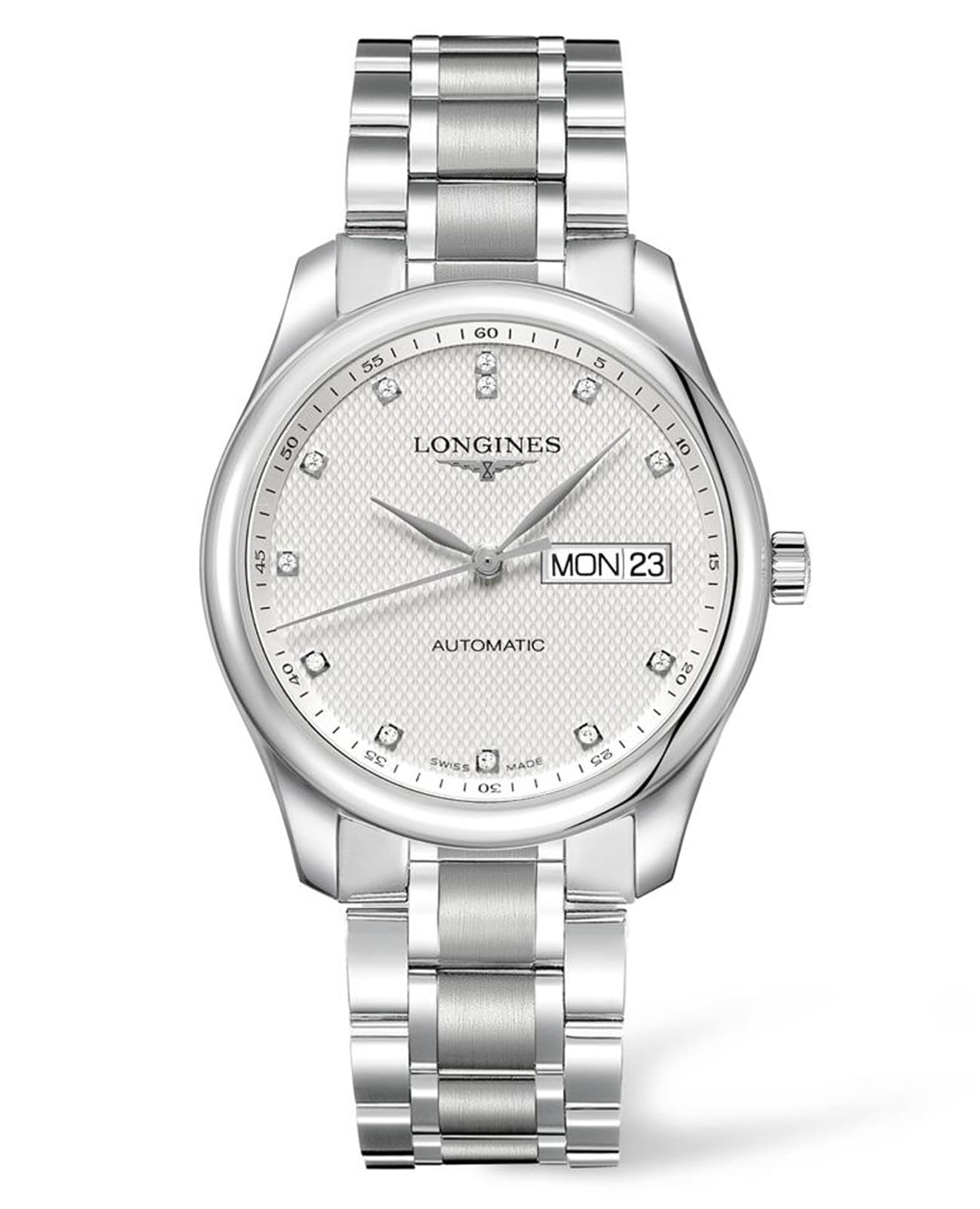 Longines Longines Master Collection L2.755.4.77.6  L27554776 механические мужские часы белый циферблат, браслет нержавеющая сталь — вид спереди