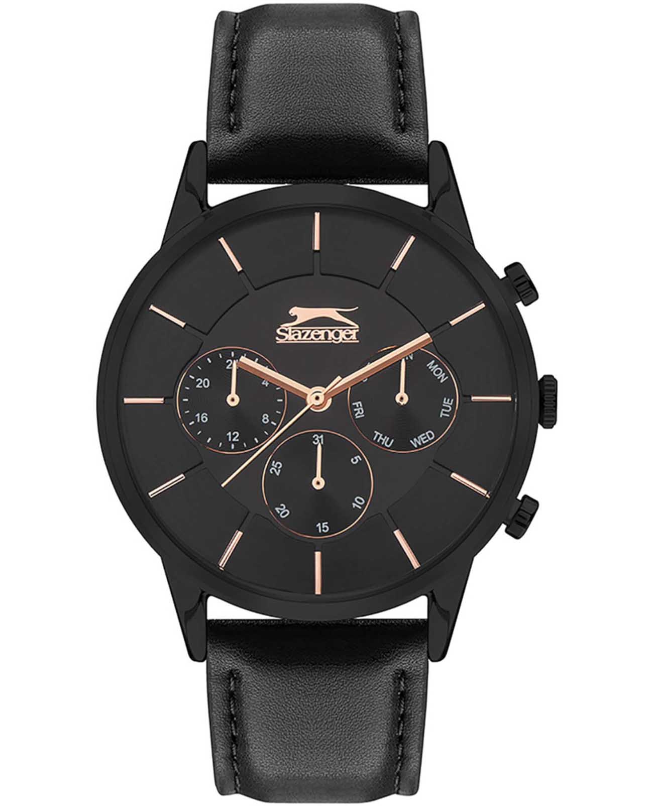 Slazenger Slazenger SL.09.2020.2.02  SL.09.2020.2.02 кварцевые мужские часы черный циферблат, браслет кожаный — вид спереди